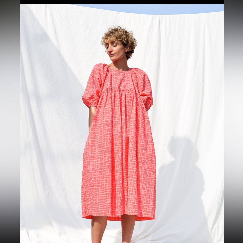 OFFON Belle Oversized Seersucker Midi Dress XL Bright Coral Lagenlook